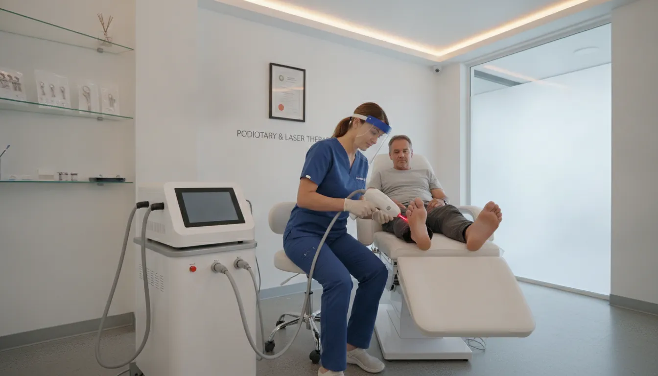 Podiatrist performing laser treatment on a patient's toenail in a medical office