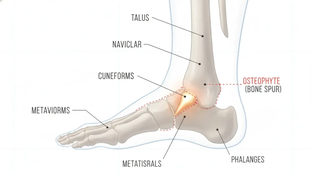 Professional medical illustration of a foot bone structure showing osteophyte bone spur