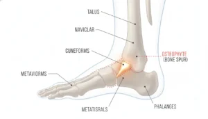 Professional medical illustration of a foot bone structure showing osteophyte bone spur