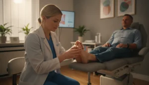 Podiatrist examining a patient's foot in a modern medical office