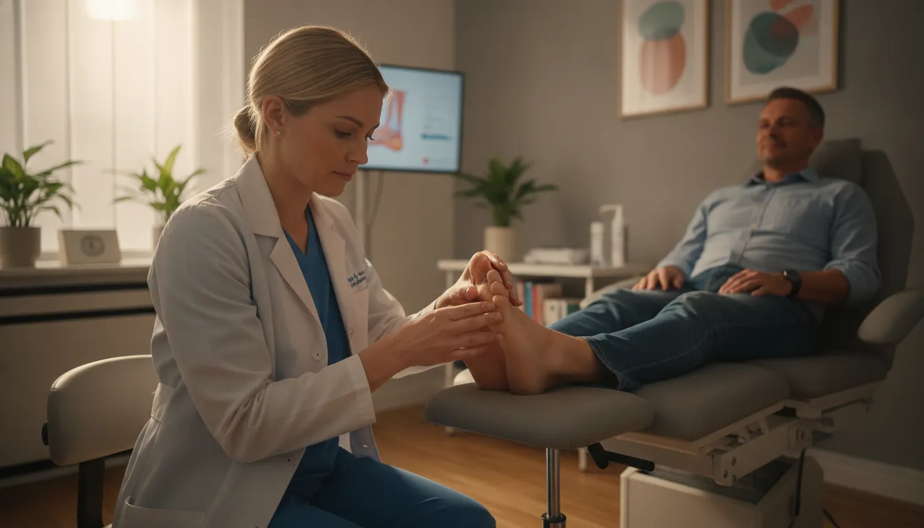 Podiatrist examining a patient's foot in a modern medical office