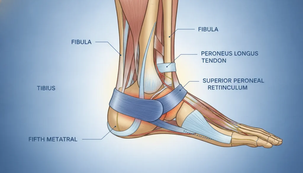 Anatomical illustration of the peroneal tendons on the outer ankle