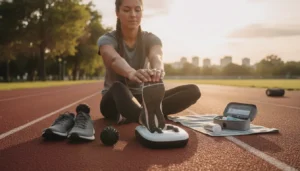 Runner stretching foot on a track in warm outdoor light
