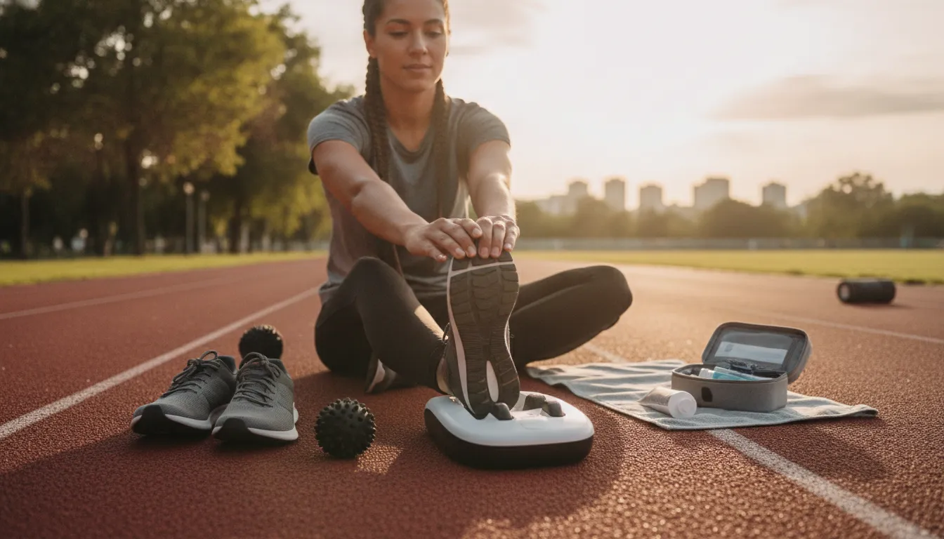 Runner stretching foot on a track in warm outdoor light