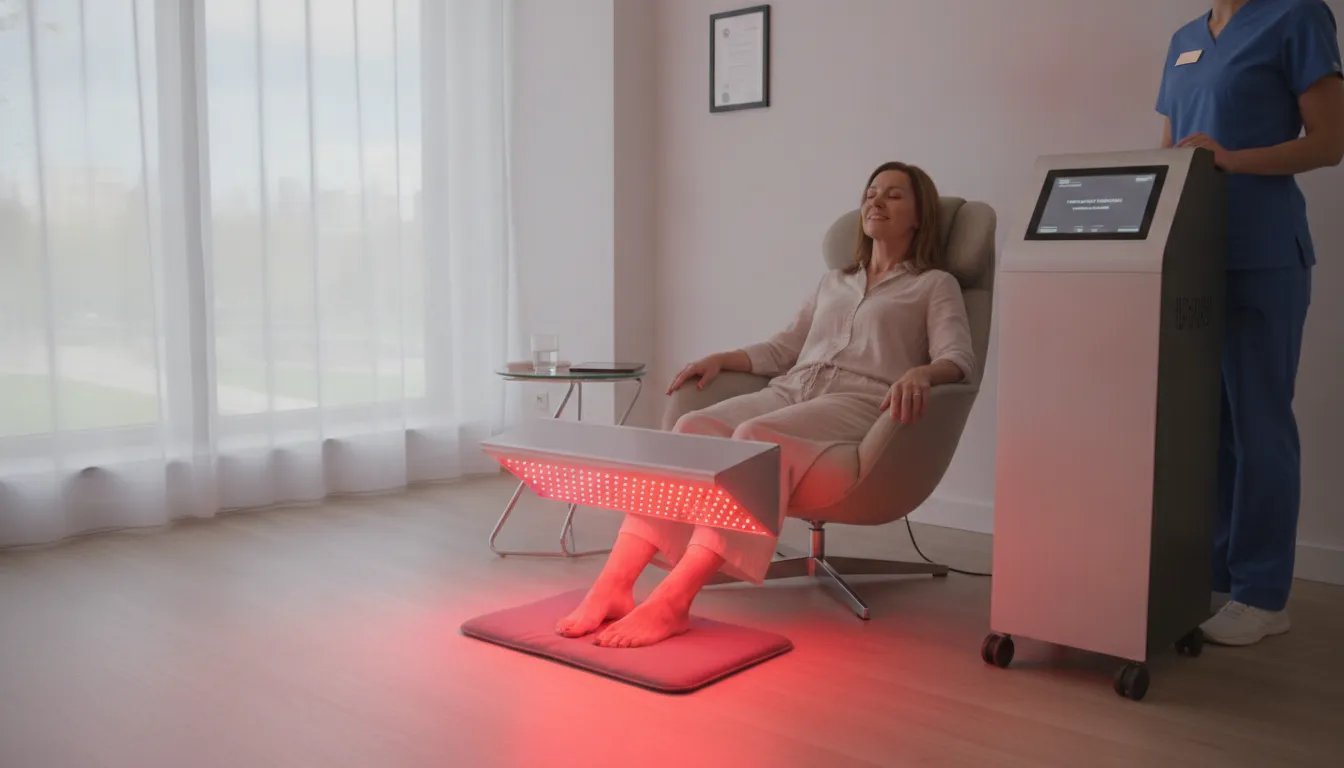 Patient receiving clinical red light therapy treatment for neuropathy on feet using medical-grade device in professional office