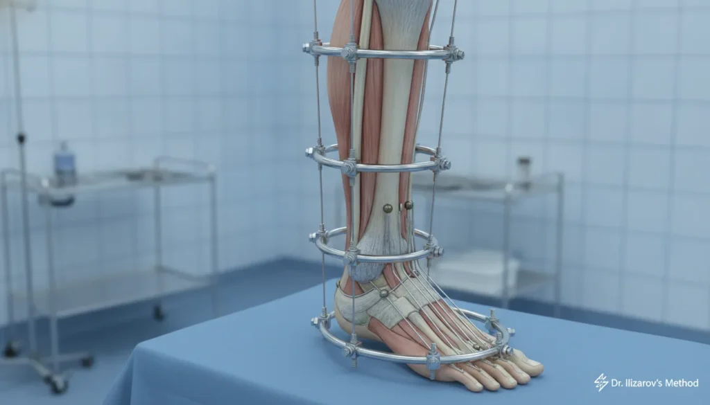Ilizarov external fixator apparatus on lower leg with circular rings and tension wires in clinical orthopedic setting