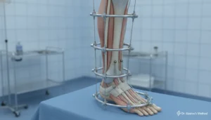Ilizarov external fixator apparatus on lower leg with circular rings and tension wires in clinical orthopedic setting