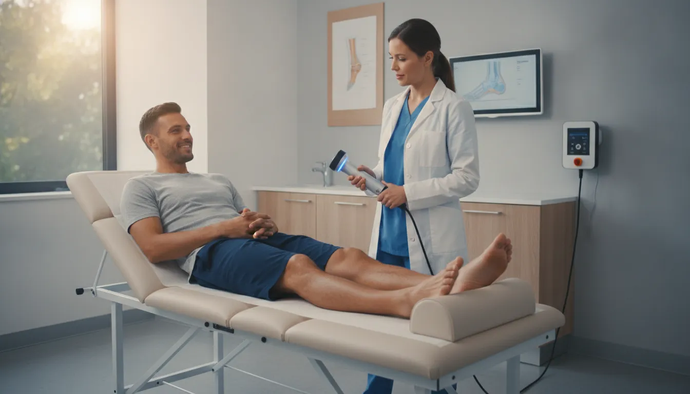Athlete receiving non-invasive shockwave therapy treatment on foot and ankle in a modern medical clinic