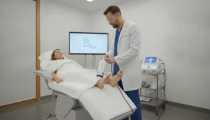 A podiatrist performing shockwave therapy on a patient's foot in a modern clinic