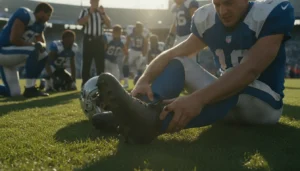 Athlete recovering from foot injury on grass field