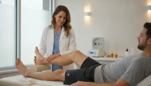 Podiatrist examining a patient's lower leg and heel in a modern office