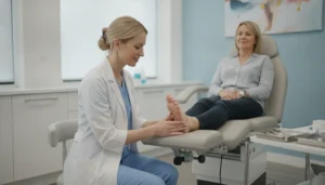 Podiatrist examining a patient's foot during a gout consultation in Hoffman Estates