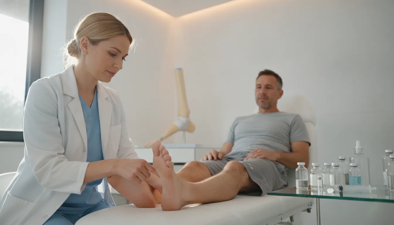 Podiatrist evaluating a patient's heel during a regenerative therapy consultation in a modern clinic