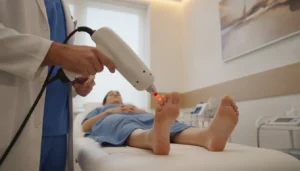 Podiatrist using a regenerative laser device on a patient's foot in a modern clinic treatment room