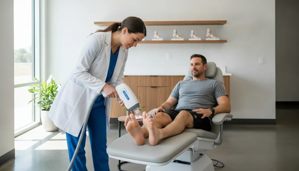 Doctor applying laser therapy for heel spur-related heel pain