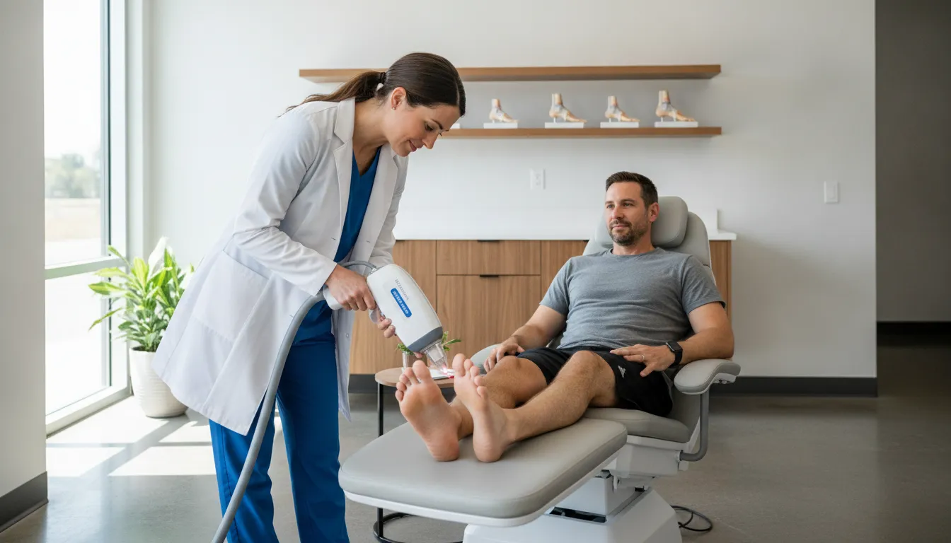 Doctor applying laser therapy for heel spur-related heel pain