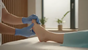Podiatrist examining a patient's foot in a modern medical office