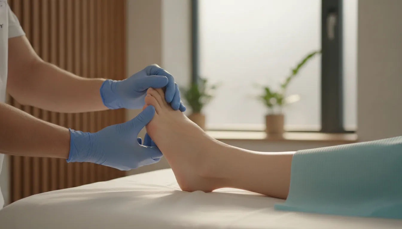 Podiatrist examining a patient's foot in a modern medical office