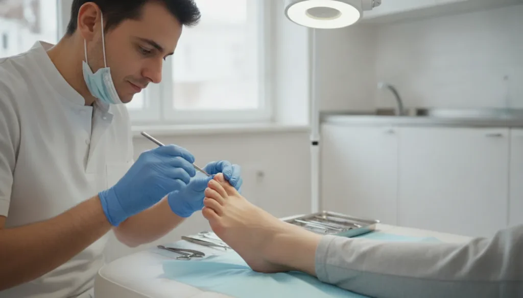 Podiatric specialist examining a painful ingrown toenail