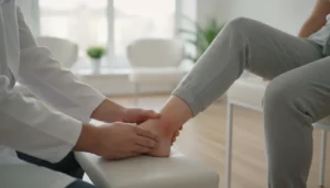 Podiatrist examining a patient's ankle in a modern clinic