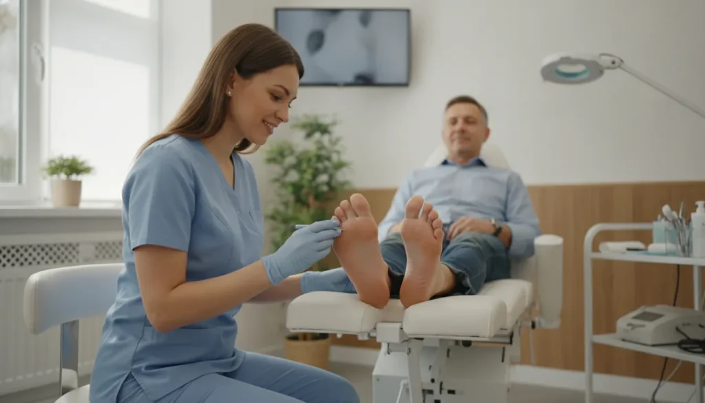 Podiatric physician gently examining a patient's diabetic foot in a modern Hoffman Estates clinic, focusing on limb preservation