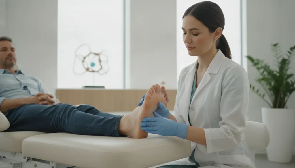 Podiatrist examining a patient's heel during a regenerative medicine consultation
