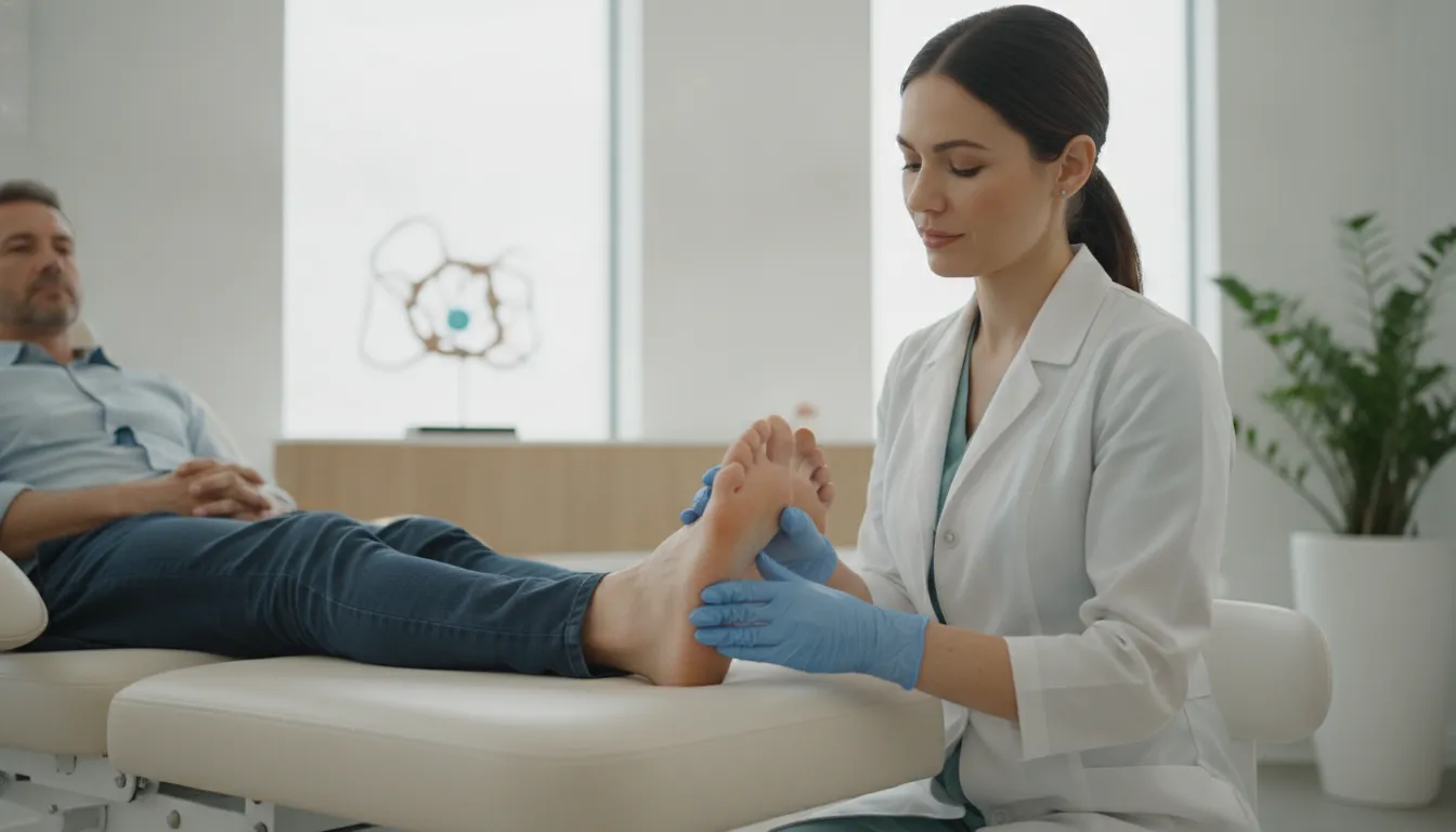 Podiatrist examining a patient's heel during a regenerative medicine consultation