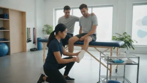 Sports medicine specialist examining a patient ankle during recovery