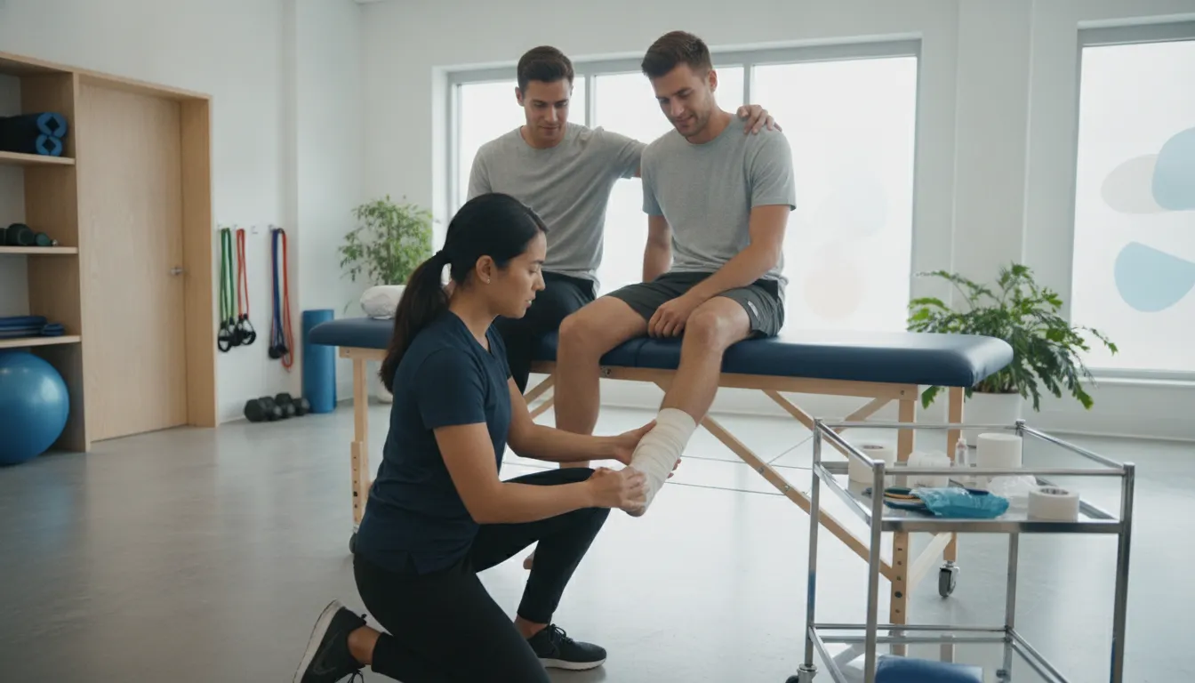Sports medicine specialist examining a patient ankle during recovery