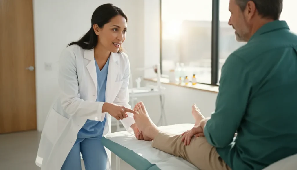 Podiatrist examining a patient's ankle to discuss regenerative medicine treatment options