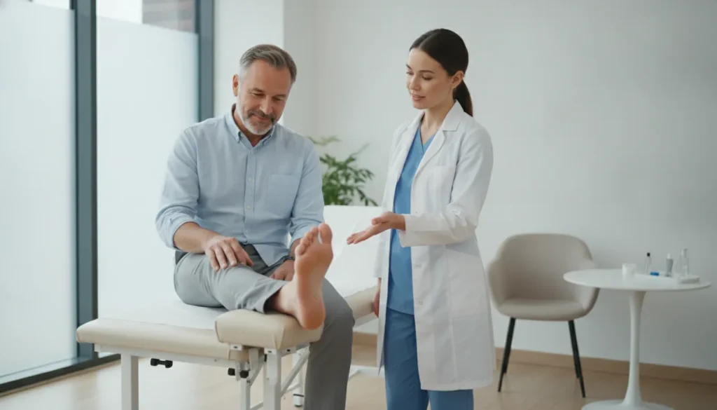 Podiatrist evaluating a patient's heel in a bright, modern office
