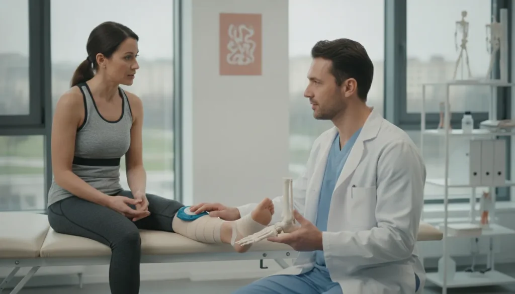 Active patient discussing shockwave therapy for Achilles tendonitis with a podiatric physician