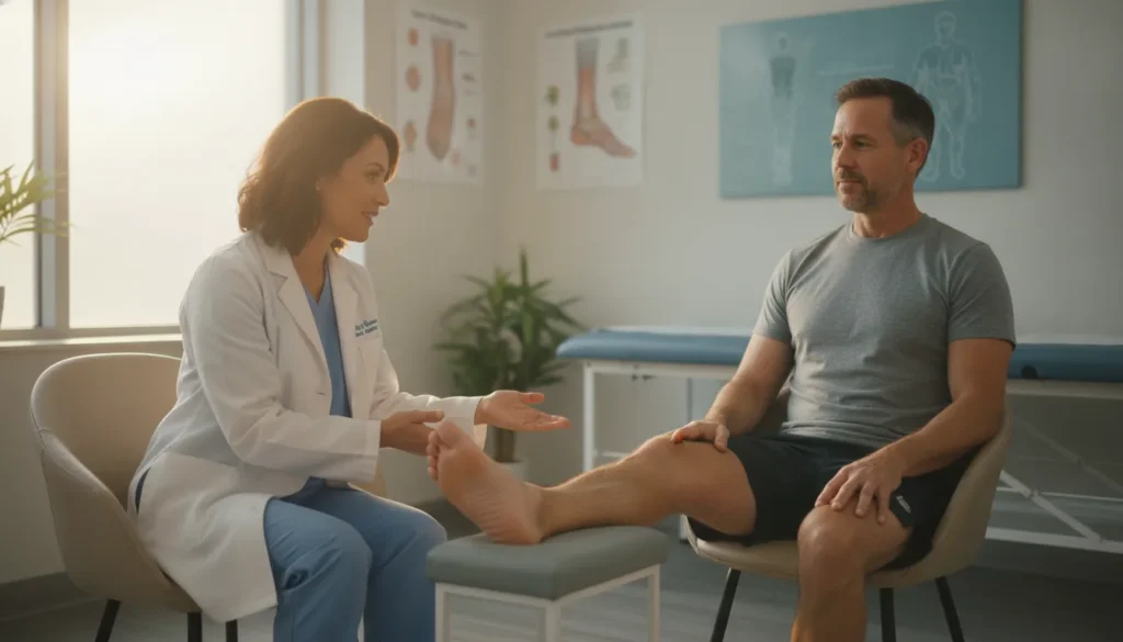 Podiatric physician consulting with an active adult patient about non-surgical ankle treatment