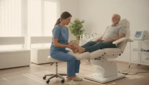 Podiatrist gently examining a patient's foot in a bright clinic office