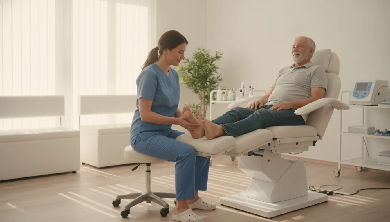 Podiatrist gently examining a patient's foot in a bright clinic office