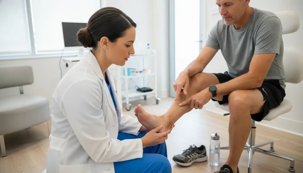 Podiatric physician discussing minimal incision hammertoe correction with an active patient