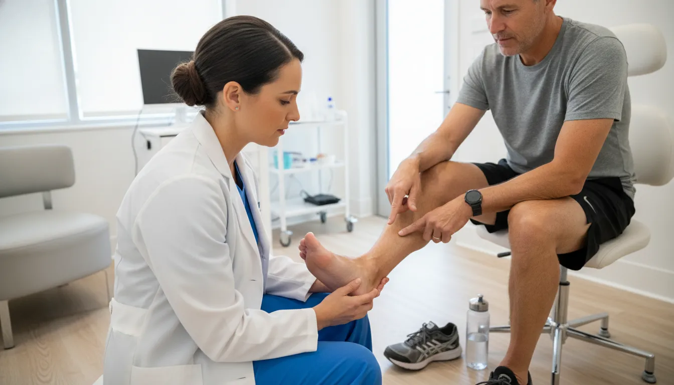 Podiatric physician discussing minimal incision hammertoe correction with an active patient