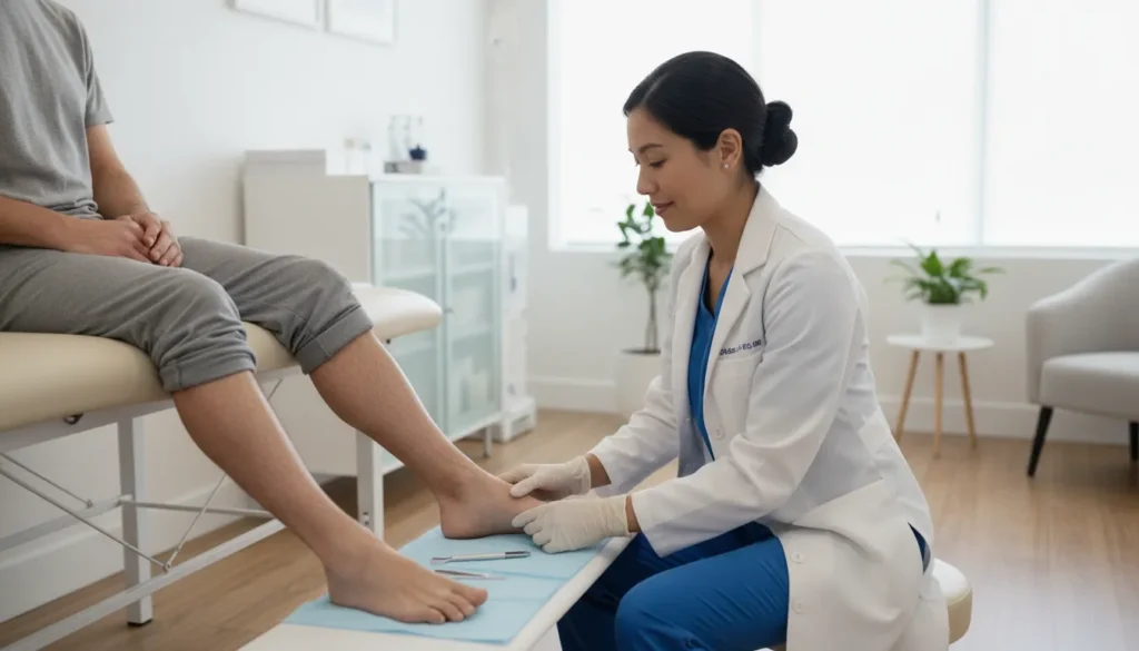 Podiatric physician examining a patient during a diabetic neuropathy consultation