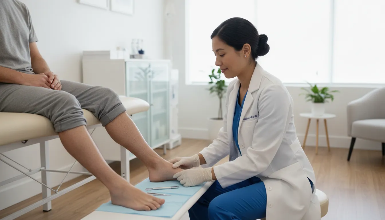 Podiatric physician examining a patient during a diabetic neuropathy consultation